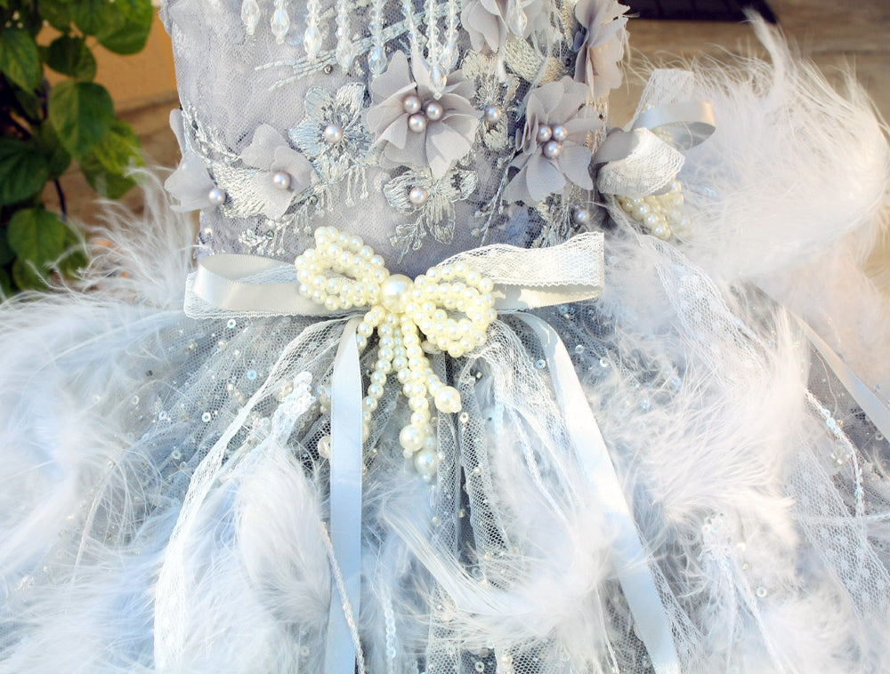 Silver Swan Feather Couture Dog Dress – Luxury Crystal Wedding Gown with Feather Train & Pearl Details