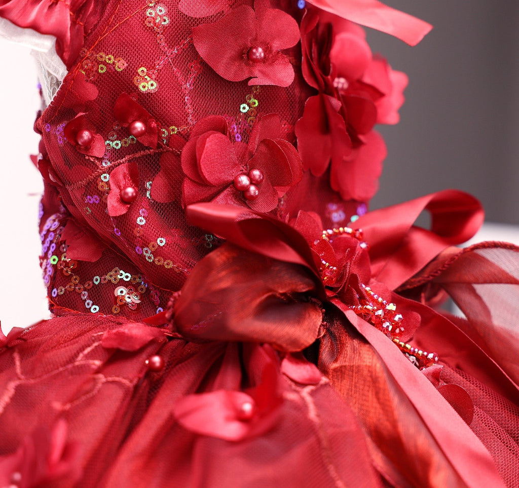 Luxury Burgundy Dog Wedding Dress Handmade Floral Bridal Gown Elegant Pet Wedding Dress Princess Ball Gown for Photoshoots & Special Occasions