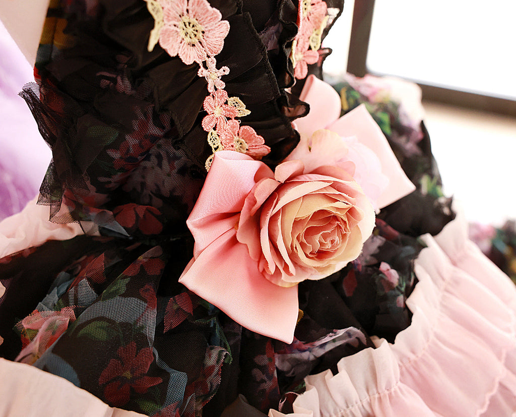 Black Floral Princess Dog Dress – Luxury Victorian Puppy Gown with Romantic Ruffle Train
