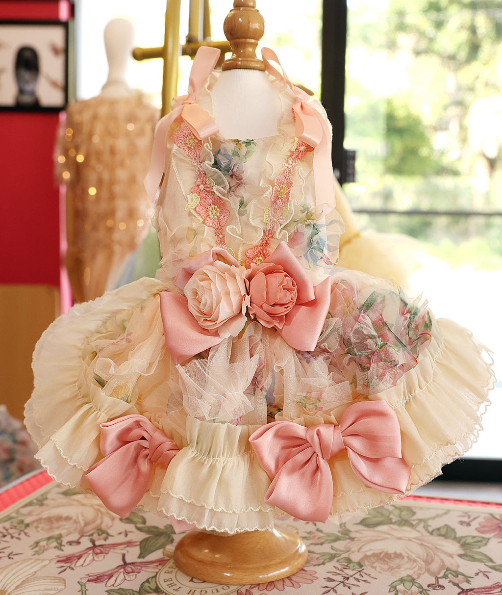 Blush Garden Princess Couture Dog Dress – Floral Ruffle Wedding Gown with Pink Bow Train