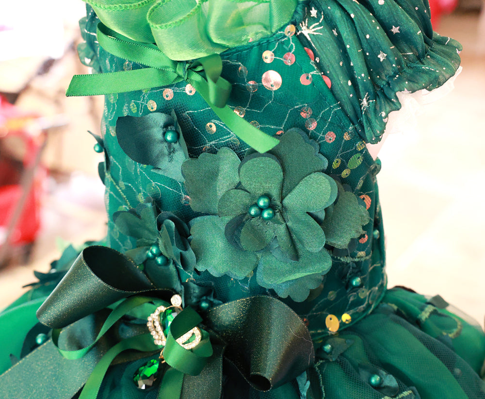 Emerald Forest Princess Luxury Dog Dress – Handmade Green Floral Ball Gown for Weddings & Photo Shoots