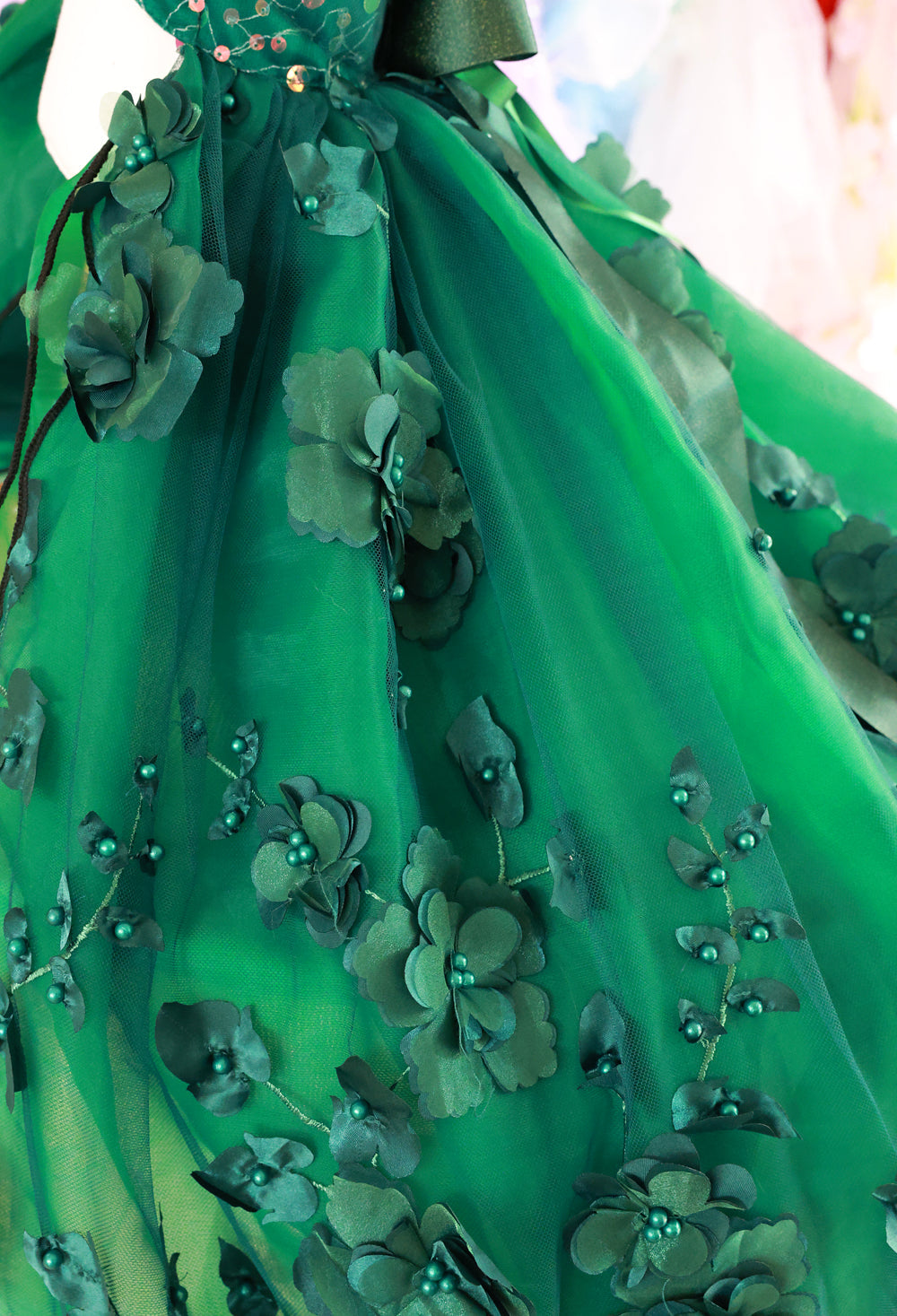Emerald Forest Princess Luxury Dog Dress – Handmade Green Floral Ball Gown for Weddings & Photo Shoots