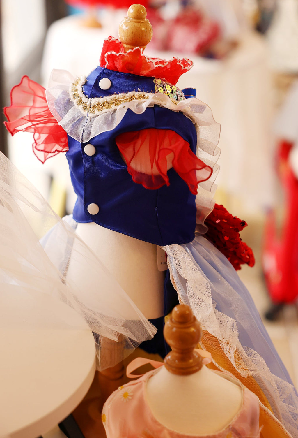 Luxury Fairytale Princess Dog Dress – Blue & Gold Royal Puppy Ball Gown with Sequin Bow Detail