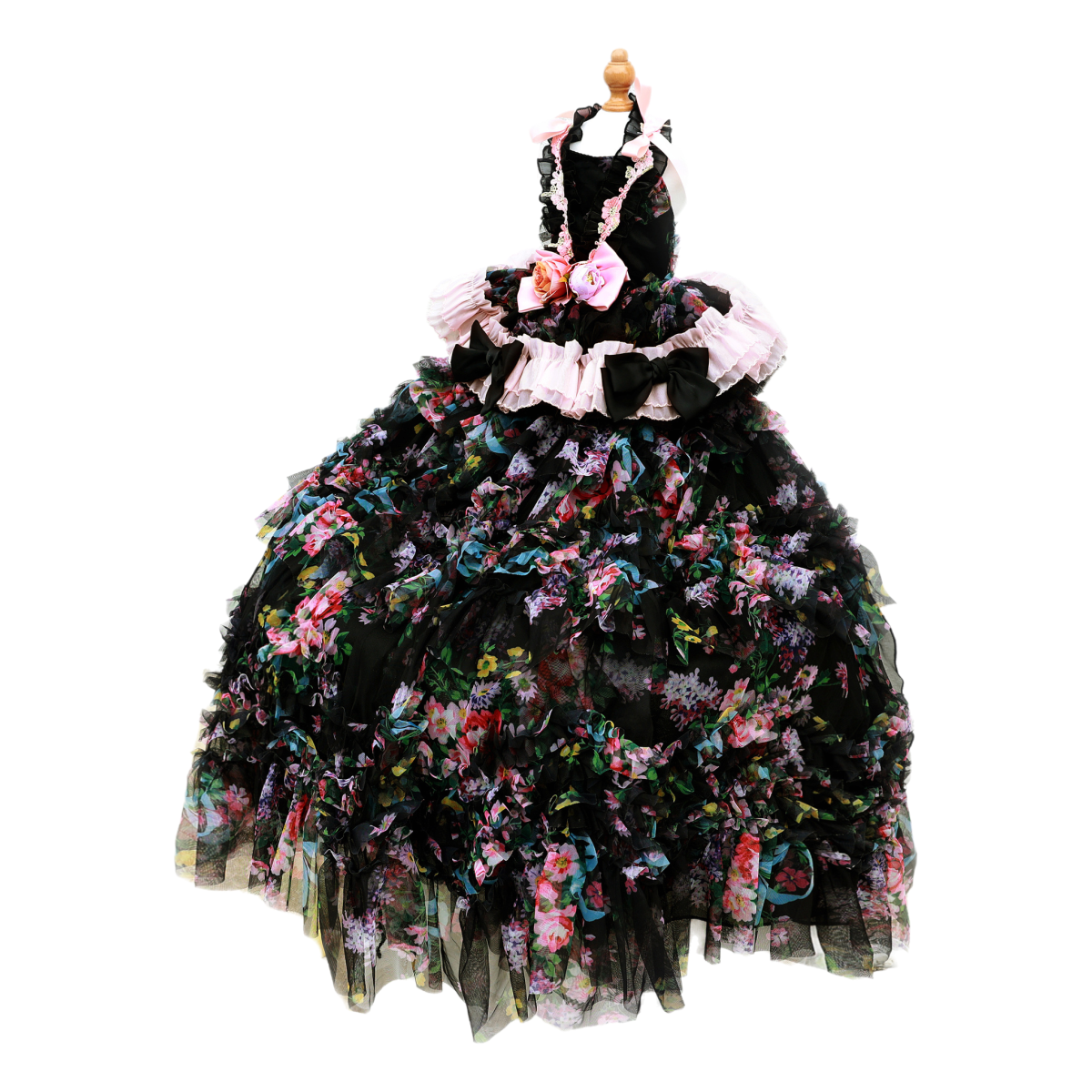Black Floral Princess Dog Dress – Luxury Victorian Puppy Gown with Romantic Ruffle Train