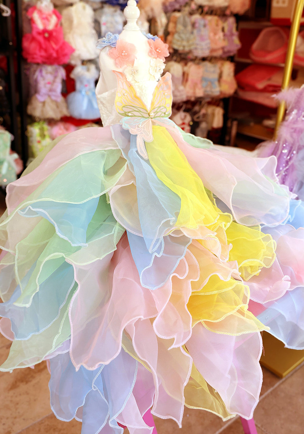 Handmade Pastel Butterfly Fairy Princess Dog Dress – Rainbow Layered Organza Couture Gown for Weddings, Birthdays & Photo Shoots