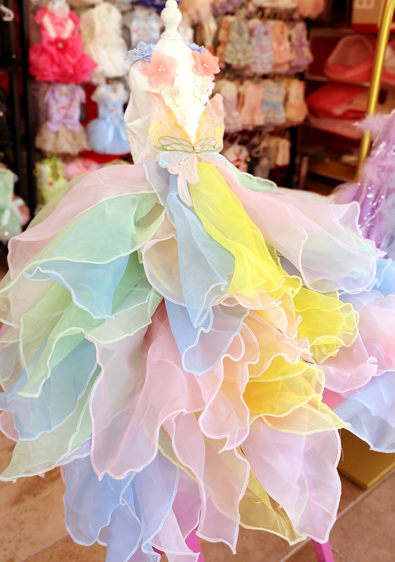 Handmade Pastel Butterfly Fairy Princess Dog Dress – Rainbow Layered Organza Couture Gown for Weddings, Birthdays & Photo Shoots