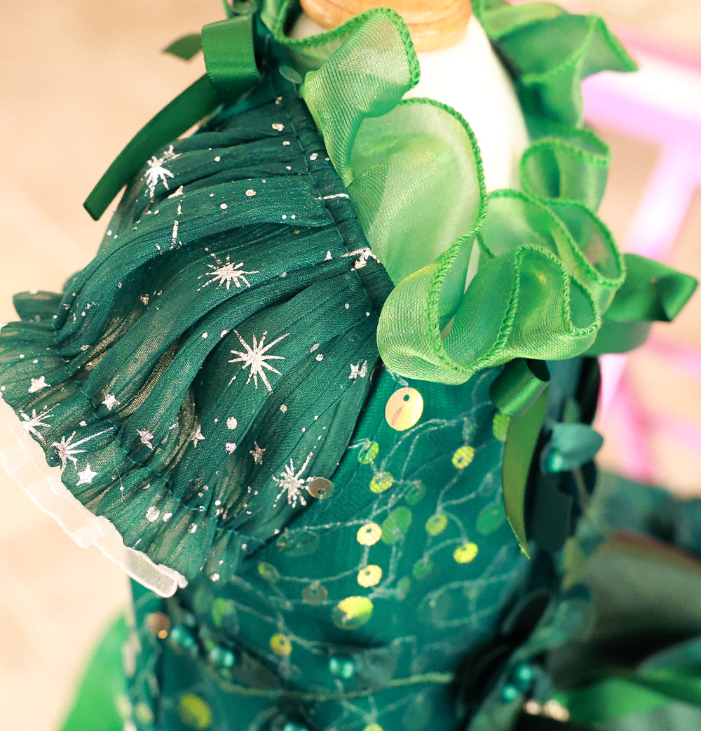 Emerald Forest Princess Luxury Dog Dress – Handmade Green Floral Ball Gown for Weddings & Photo Shoots
