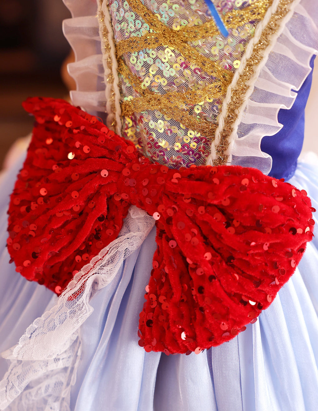 Luxury Fairytale Princess Dog Dress – Blue & Gold Royal Puppy Ball Gown with Sequin Bow Detail