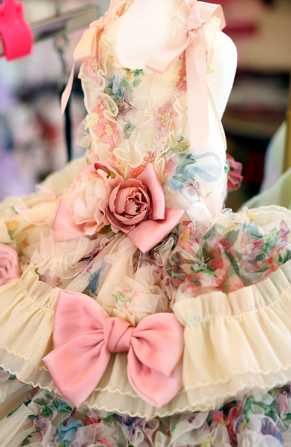 Blush Garden Princess Couture Dog Dress – Floral Ruffle Wedding Gown with Pink Bow Train