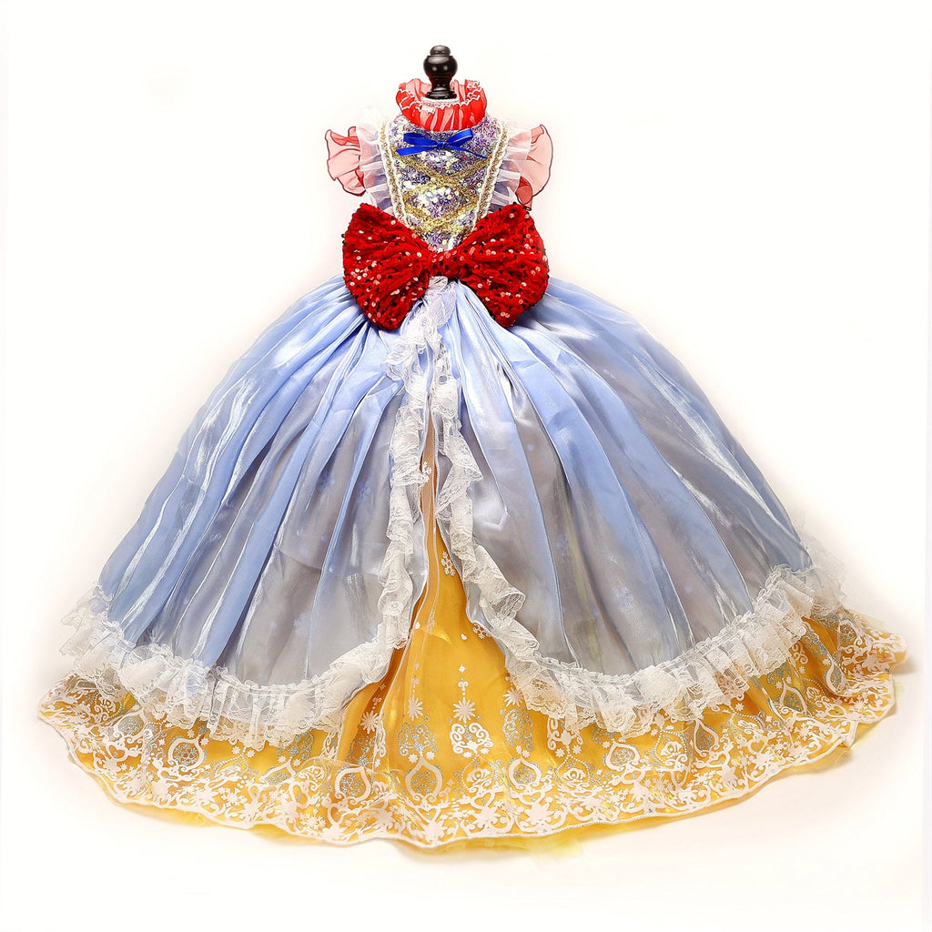 Luxury Fairytale Princess Dog Dress – Blue & Gold Royal Puppy Ball Gown with Sequin Bow Detail