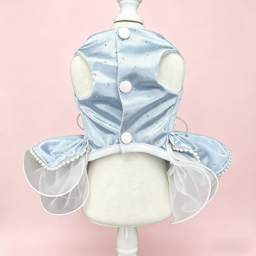 Luxury Blue Satin Dog Dress for Wedding Party | Small Dog Princess Outfit