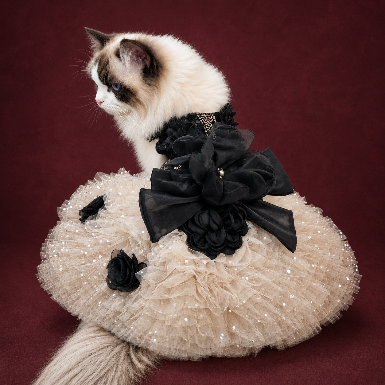 Luxury Black & Champagne Dog Wedding Dress Detachable Train Pet Bridal Gown Sequined Floral Formal Dress for Weddings Photoshoots & Special Events