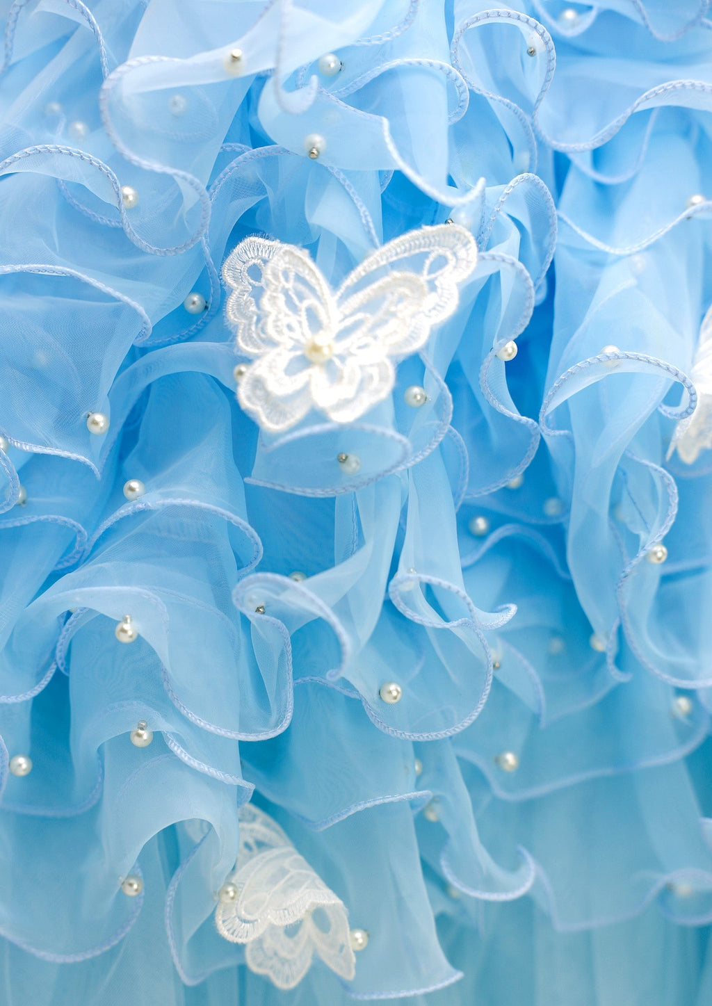 Handmade Sky Butterfly Princess Dog Dress – Luxury Blue Ruffle Ball Gown with Pearl Details