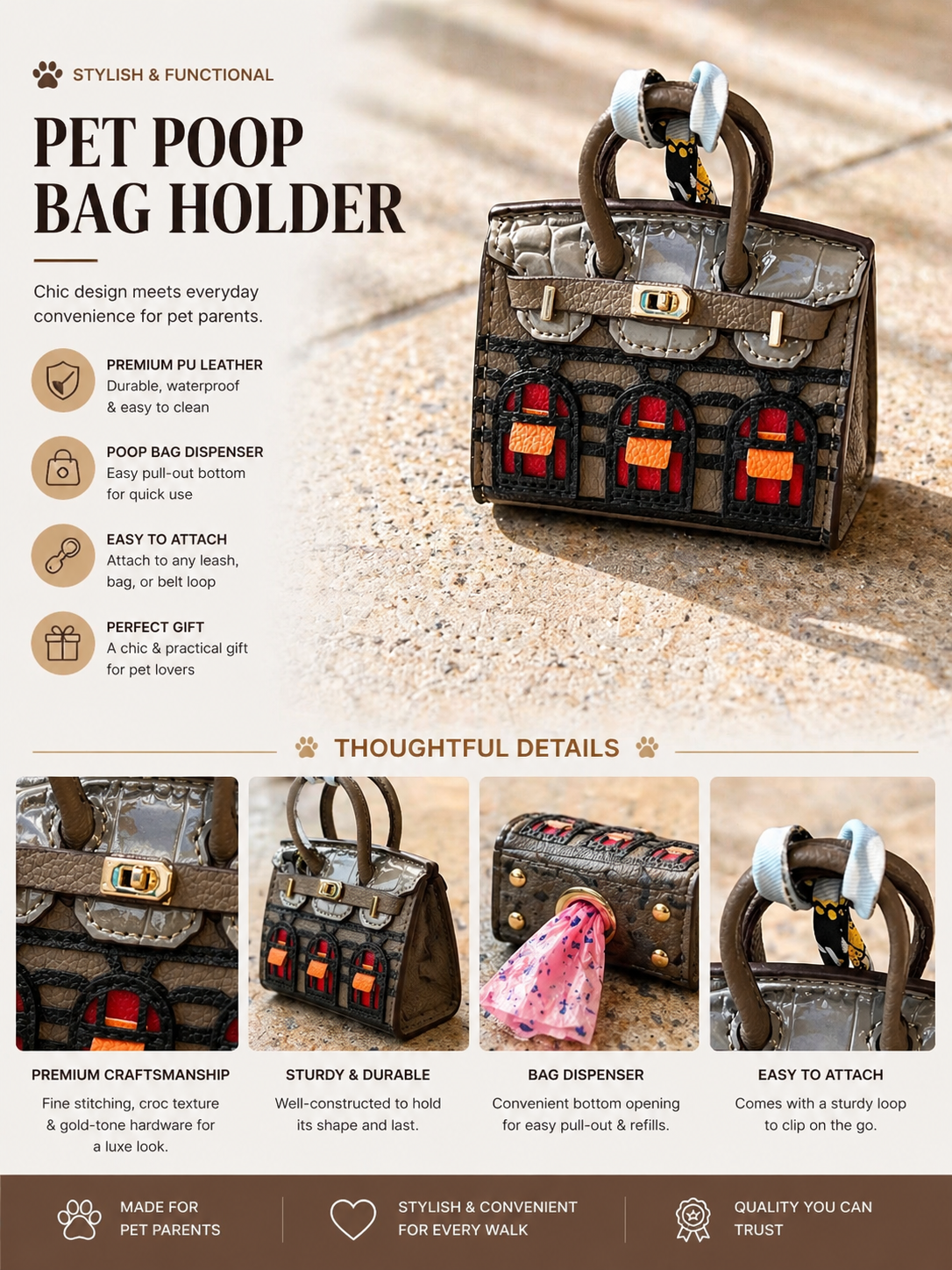 Luxury Dog Poop Bag Holder | Designer Waste Bag Dispenser Clip-On