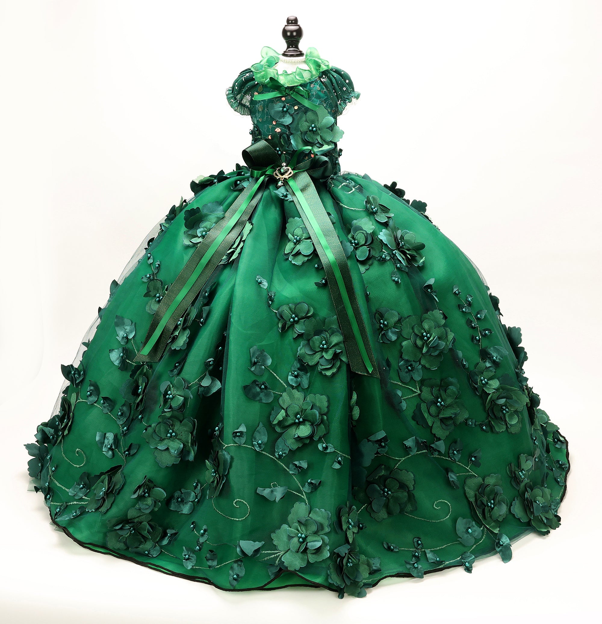 Emerald Forest Princess Luxury Dog Dress – Handmade Green Floral Ball Gown for Weddings & Photo Shoots