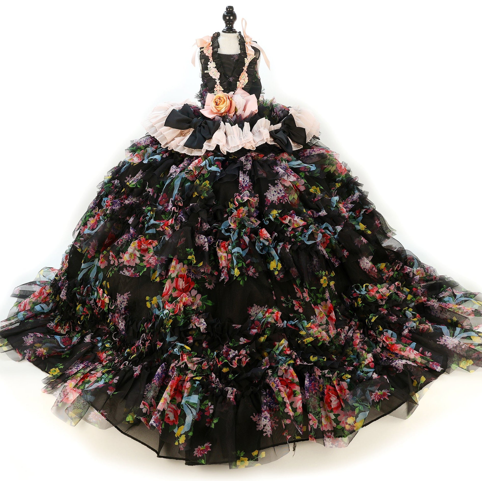 Black Floral Princess Dog Dress – Luxury Victorian Puppy Gown with Romantic Ruffle Train