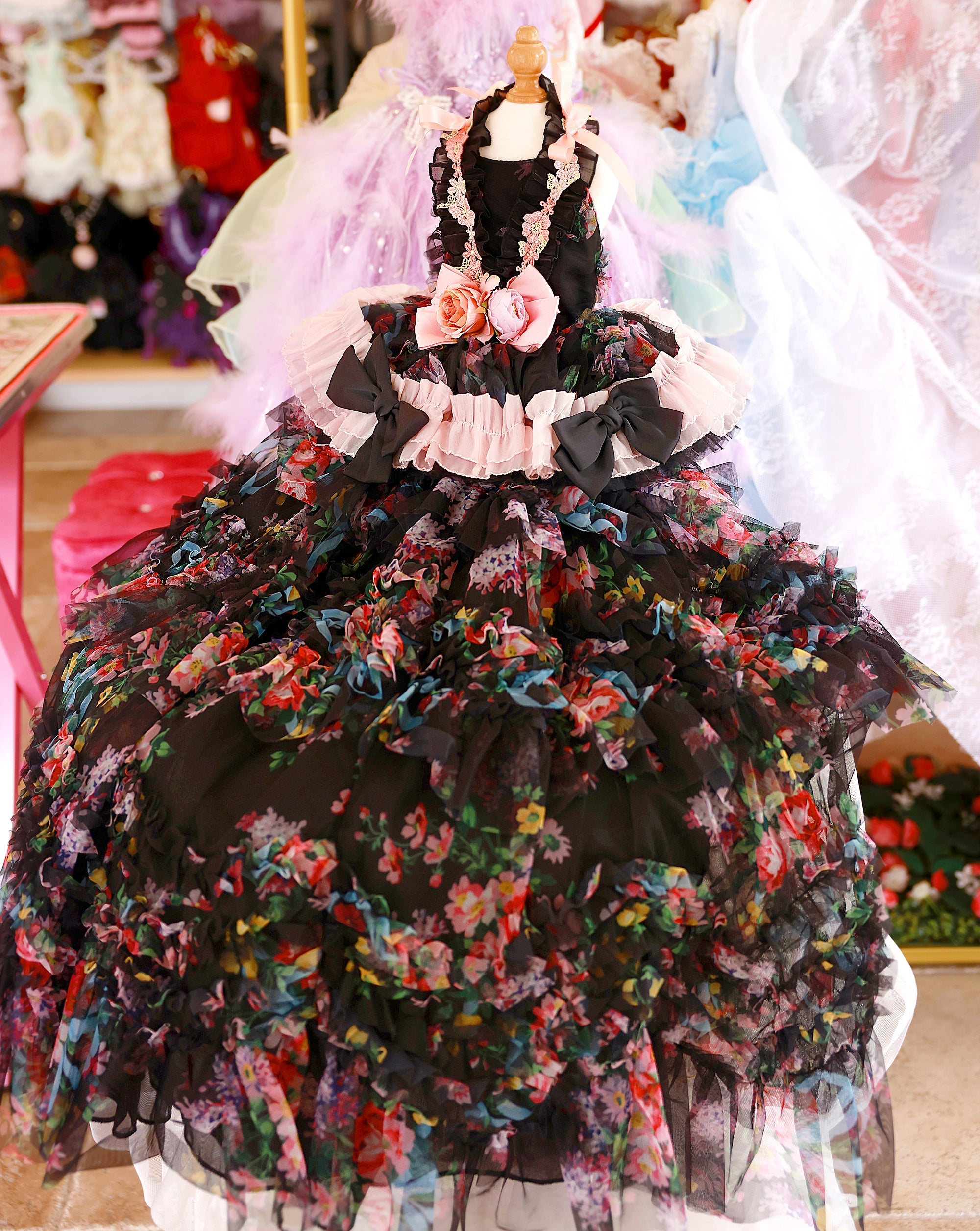 Black Floral Princess Dog Dress – Luxury Victorian Puppy Gown with Romantic Ruffle Train