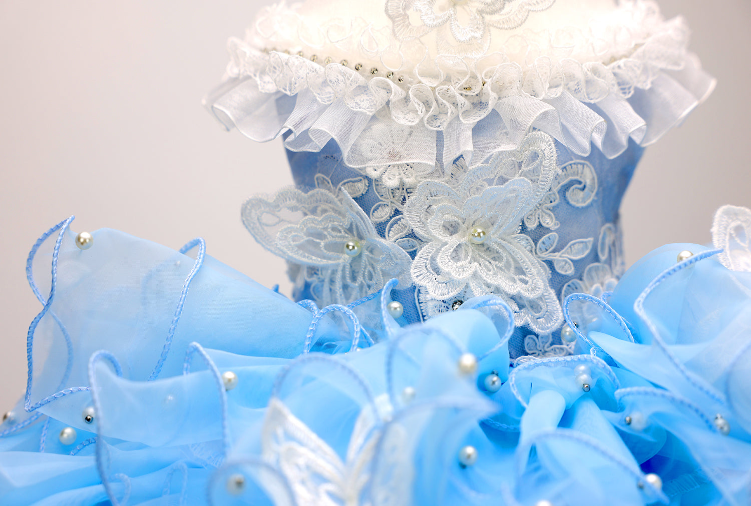 Handmade Sky Butterfly Princess Dog Dress – Luxury Blue Ruffle Ball Gown with Pearl Details