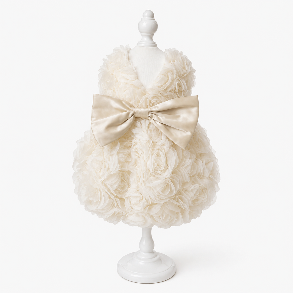 Luxury Rose Pet Dress for Small Dogs – 3D Floral Princess Puppy Dress with Satin Bow
