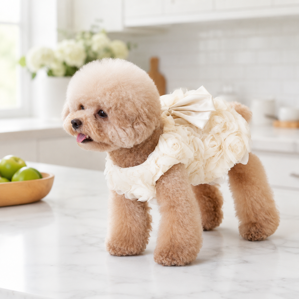 Luxury Rose Pet Dress for Small Dogs – 3D Floral Princess Puppy Dress with Satin Bow