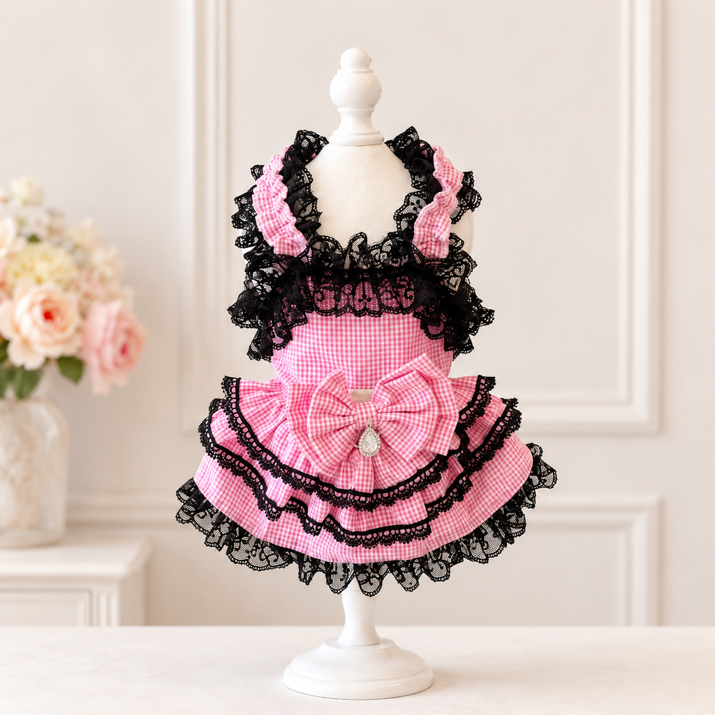 Pink Gingham Lace Dog Dress – Boutique Princess Puppy Dress with Black Lace Ruffles & Bow