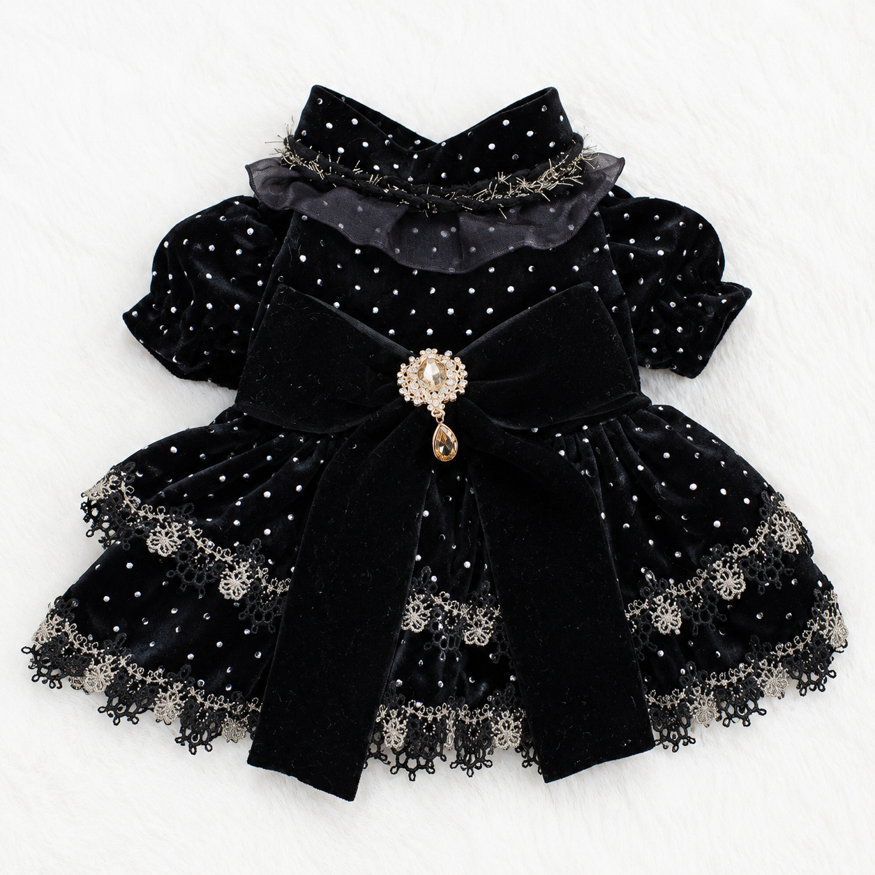 Midnight Velvet Princess Dog Dress – Luxury Black Polka Dot Puppy Dress with Gold Lace & Crystal Bow