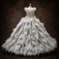 Silver Swan Feather Couture Dog Dress – Luxury Crystal Wedding Gown with Feather Train & Pearl Details