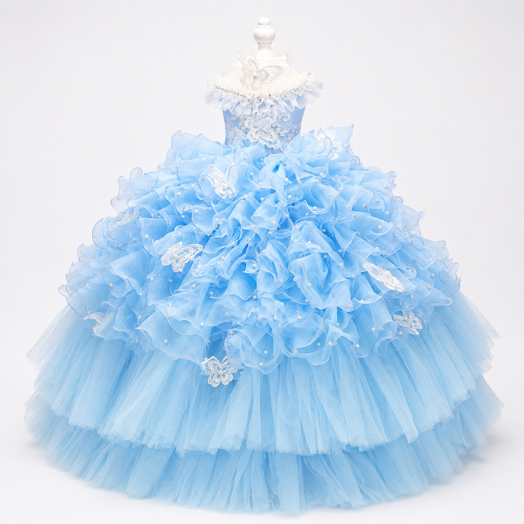 Handmade Sky Butterfly Princess Dog Dress – Luxury Blue Ruffle Ball Gown with Pearl Details