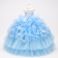 Handmade Sky Butterfly Princess Dog Dress – Luxury Blue Ruffle Ball Gown with Pearl Details