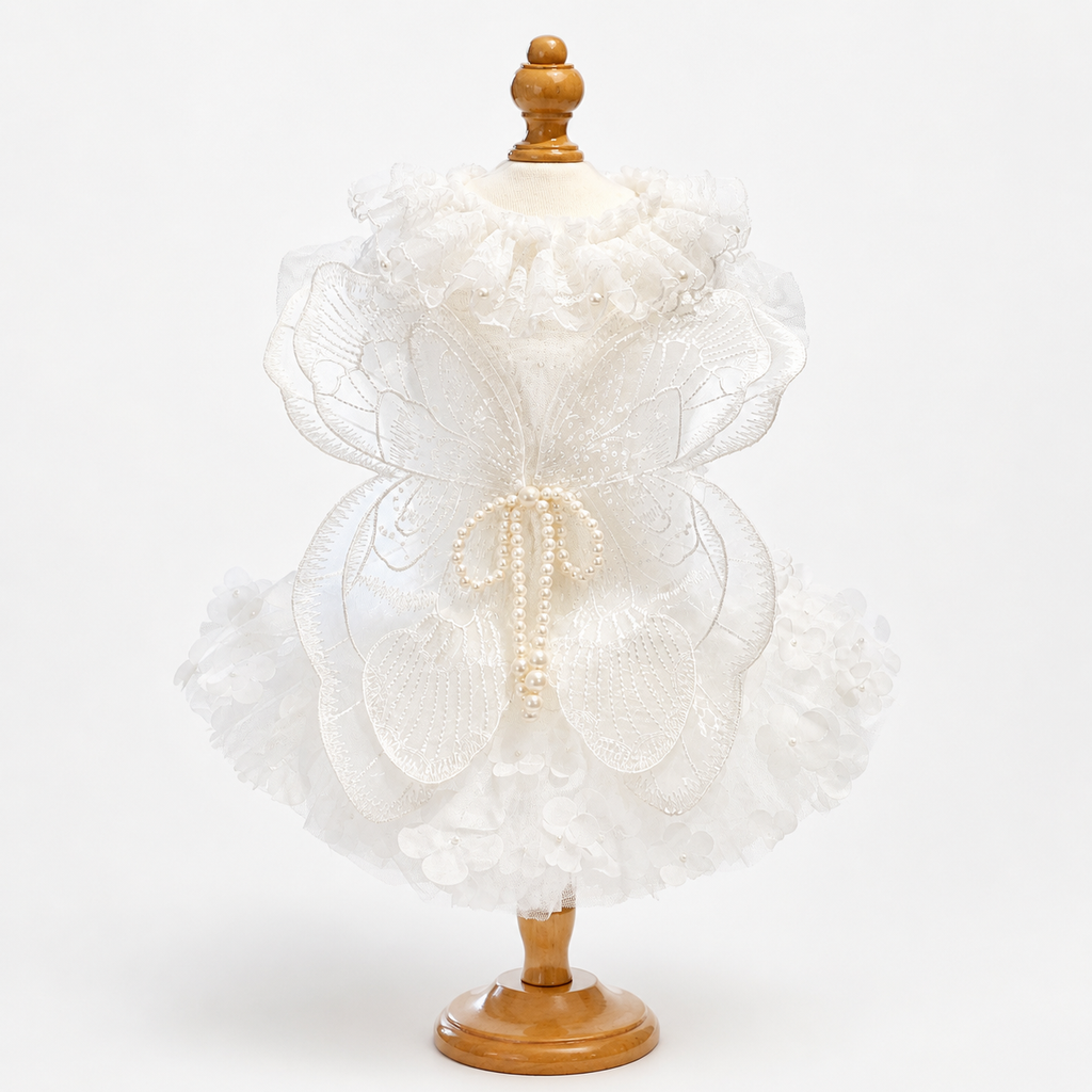 Handmade Luxury White Angel Dog Dress Pearl Butterfly Wedding Pet Dress
