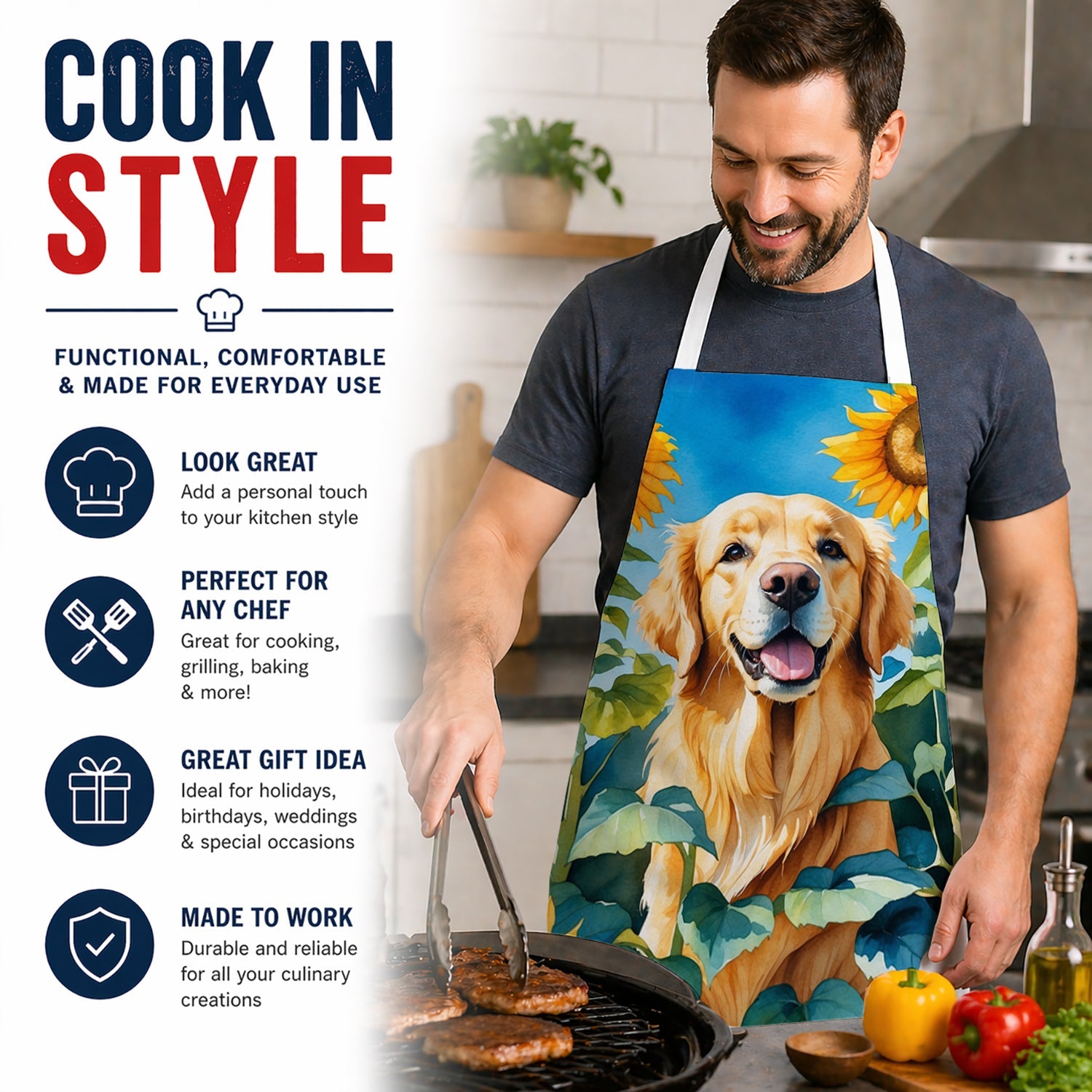 Golden Retriever in Sunflowers Apron Cooking Kitchen Server Baking Crafts Gardening for Adult Women Men, Unisex, Large, Multicolor