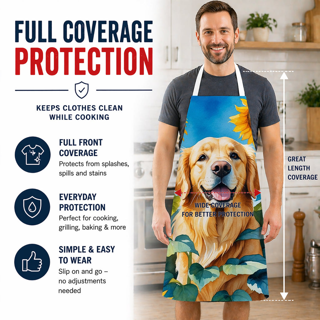 Golden Retriever in Sunflowers Apron Cooking Kitchen Server Baking Crafts Gardening for Adult Women Men, Unisex, Large, Multicolor