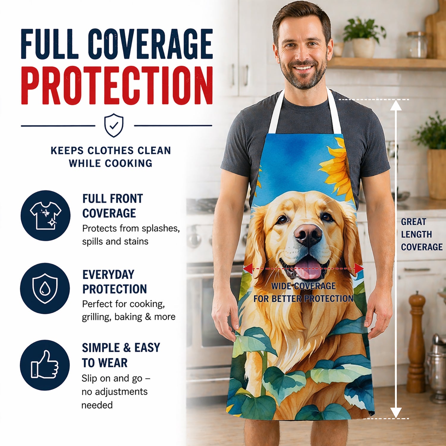 Golden Retriever in Sunflowers Apron Cooking Kitchen Server Baking Crafts Gardening for Adult Women Men, Unisex, Large, Multicolor