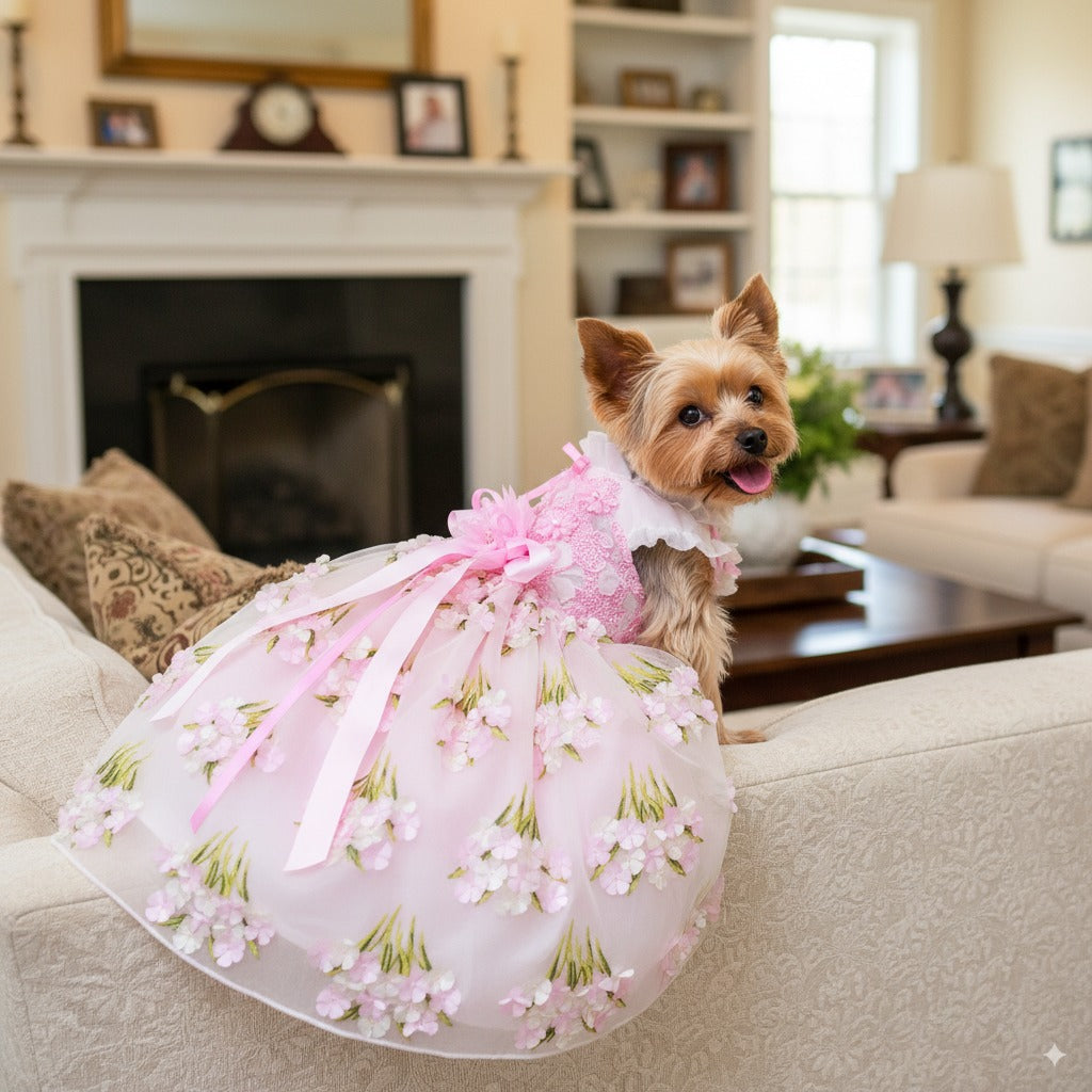 Pink Floral Princess Dog Dress – Luxury Embroidered Puppy Gown with 3D Flowers & Satin Bow