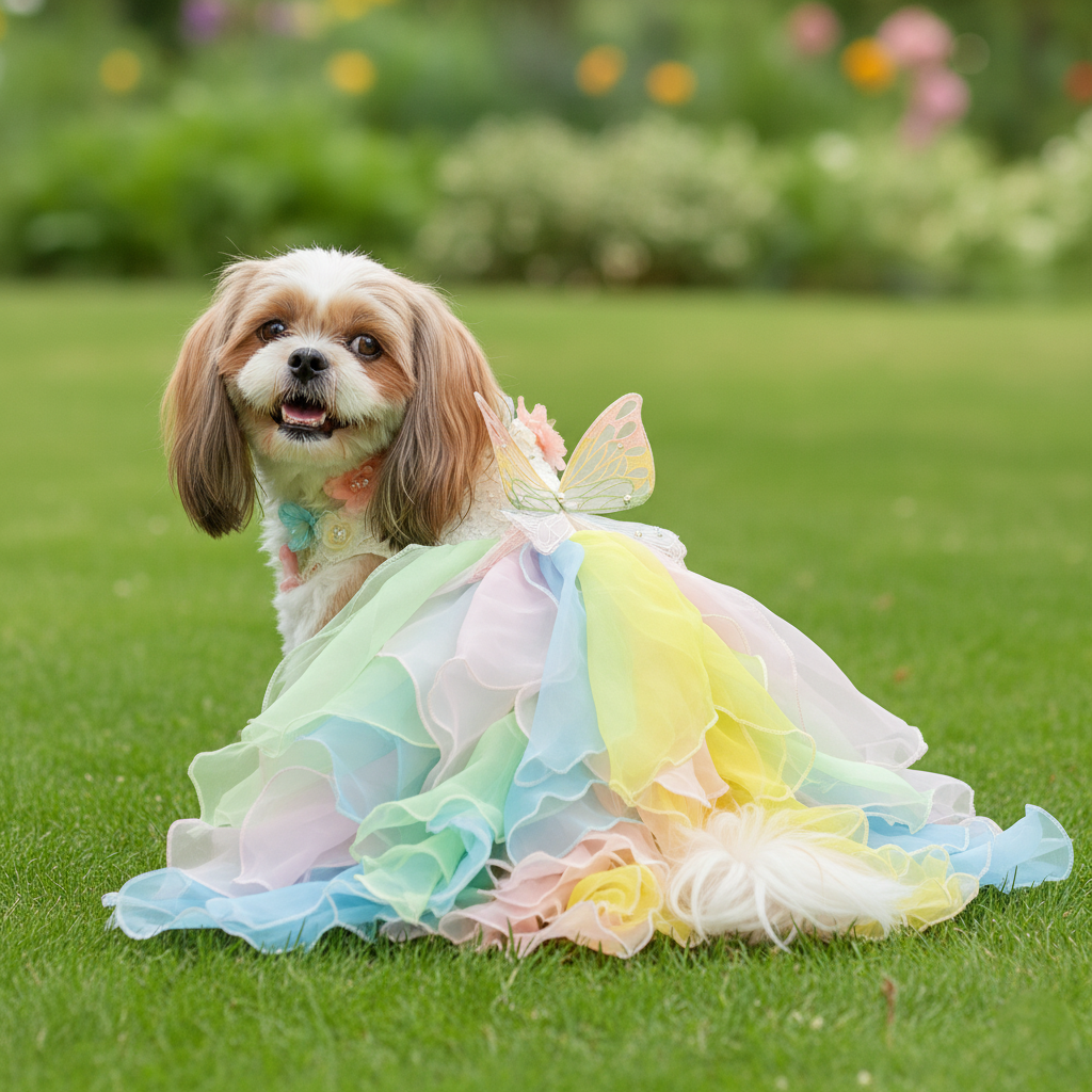Handmade Pastel Butterfly Fairy Princess Dog Dress – Rainbow Layered Organza Couture Gown for Weddings, Birthdays & Photo Shoots