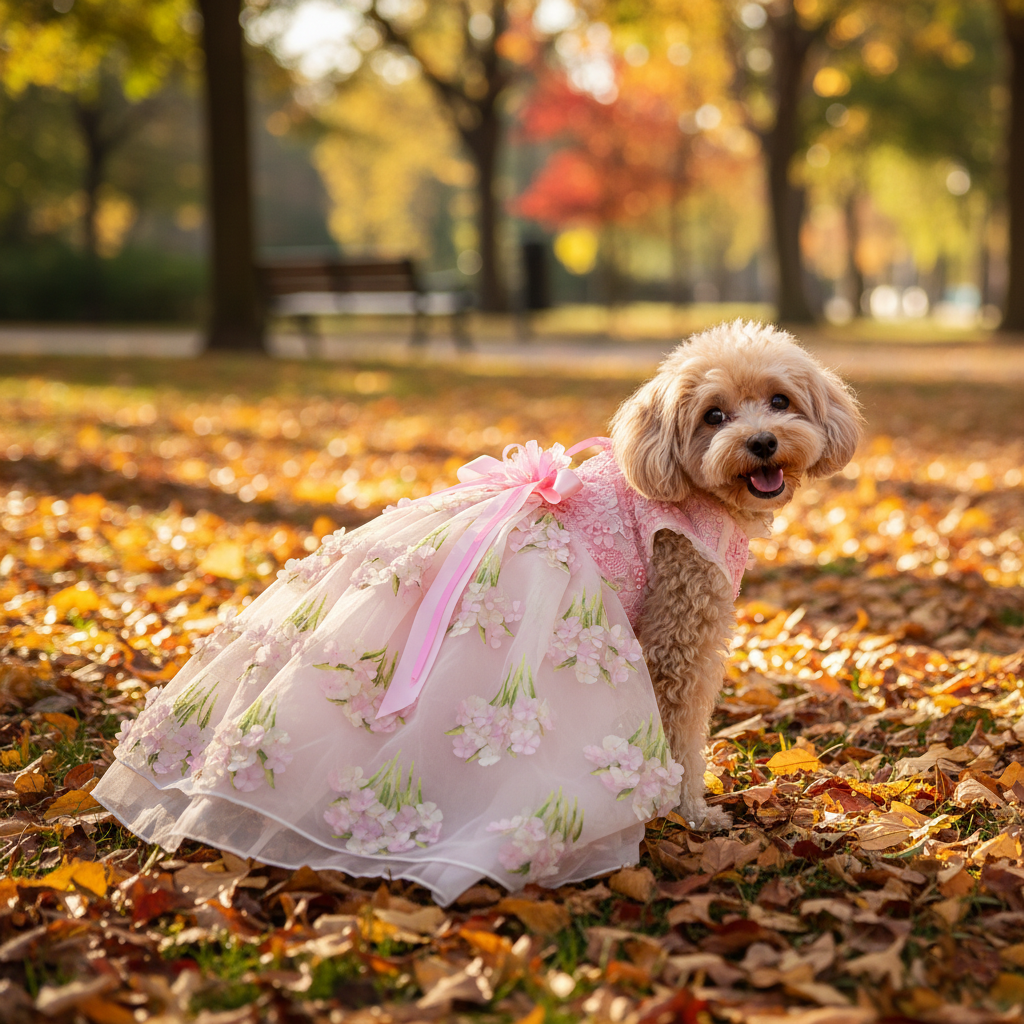 Pink Floral Princess Dog Dress – Luxury Embroidered Puppy Gown with 3D Flowers & Satin Bow