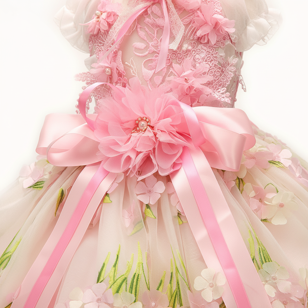 Pink Floral Princess Dog Dress – Luxury Embroidered Puppy Gown with 3D Flowers & Satin Bow
