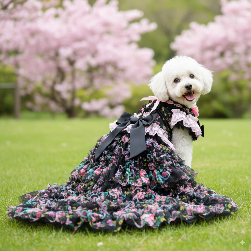 Black Floral Princess Dog Dress – Luxury Victorian Puppy Gown with Romantic Ruffle Train