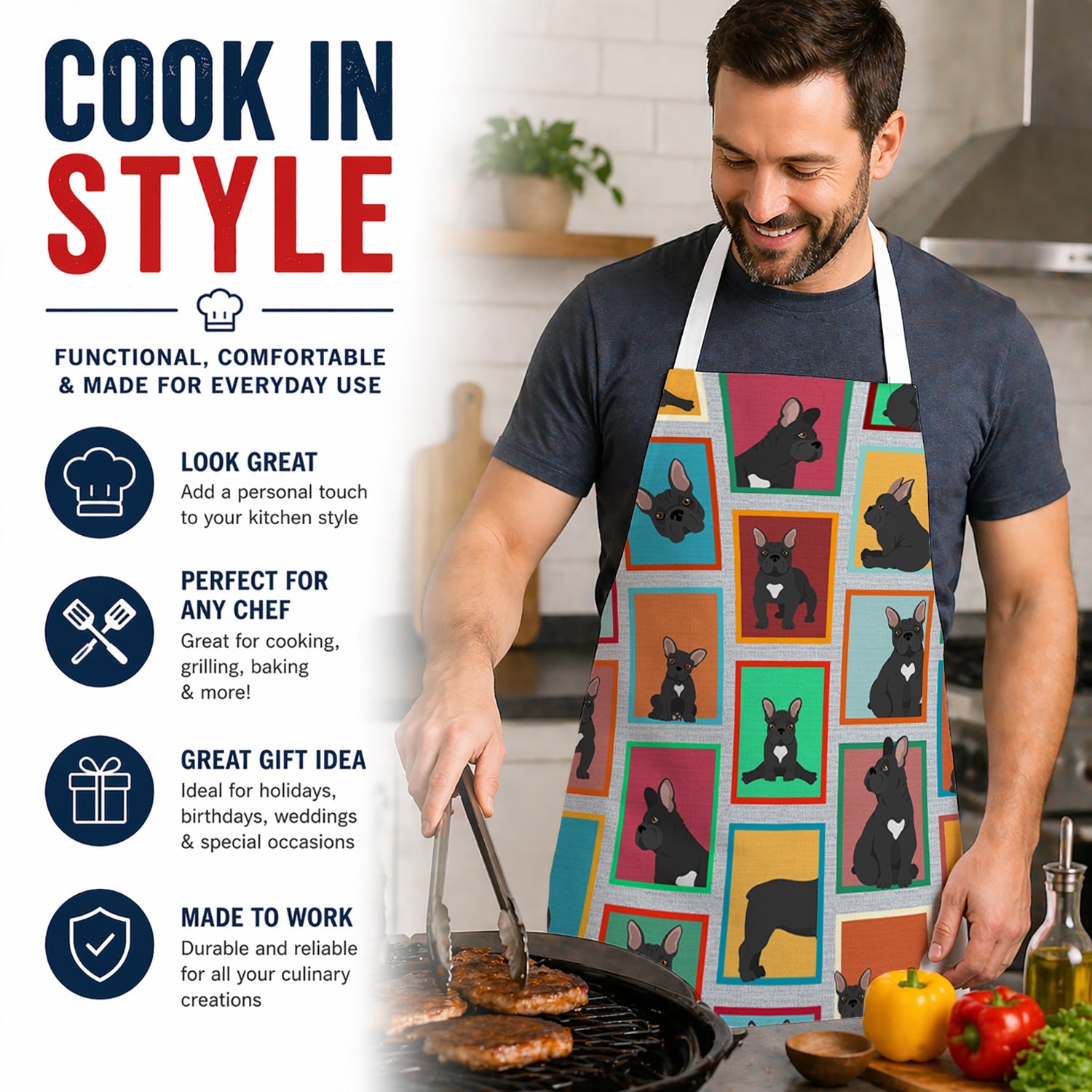 Lots of Black French Bulldog Apron Cooking Kitchen Server Baking Crafts Gardening for Adult Women Men, Unisex, Large, Multicolor