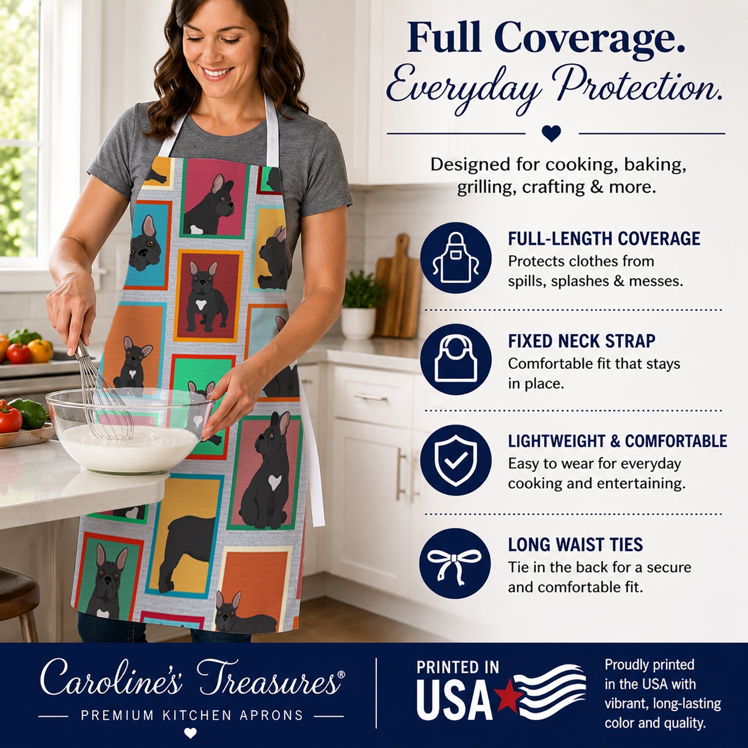 Lots of Black French Bulldog Apron Cooking Kitchen Server Baking Crafts Gardening for Adult Women Men, Unisex, Large, Multicolor