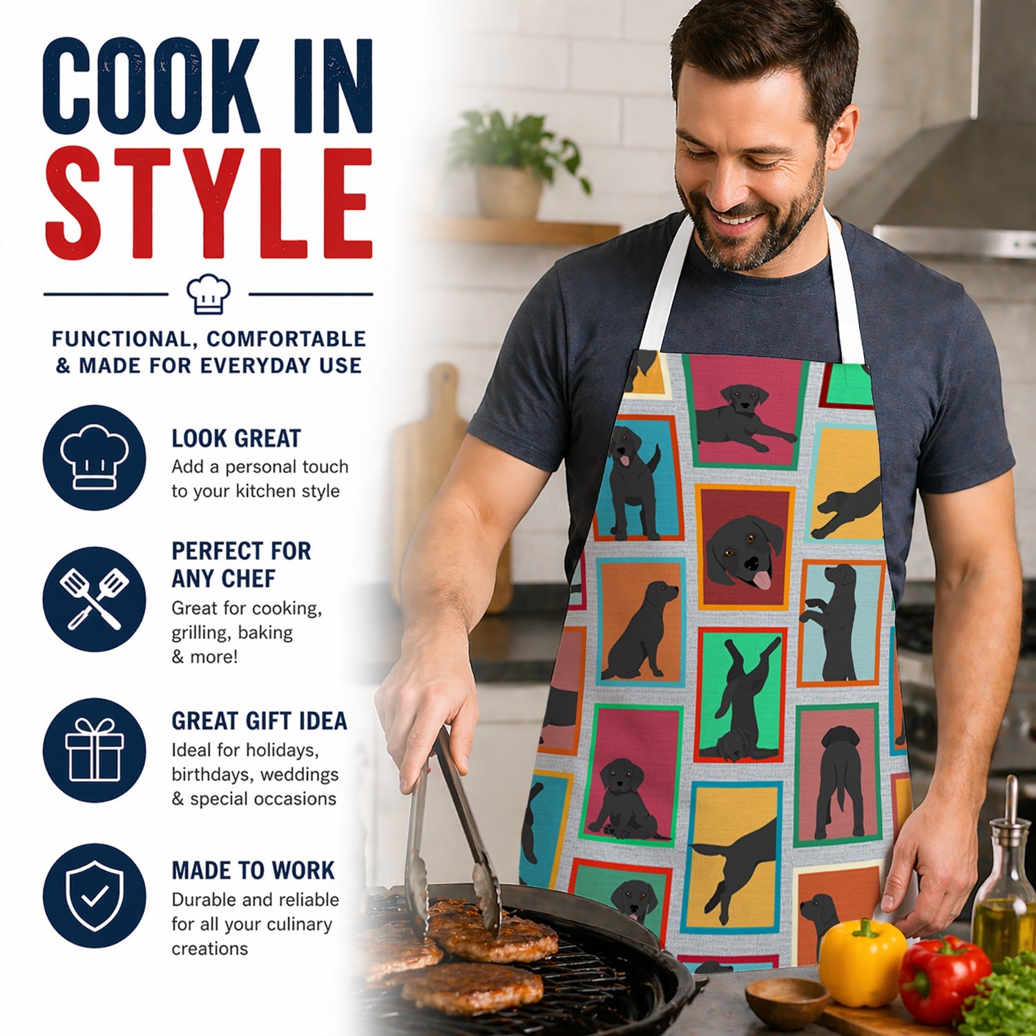 Lots of Black Labrador Retriever Apron Cooking Kitchen Server Baking Crafts Gardening for Adult Women Men, Unisex, Large, Multicolor
