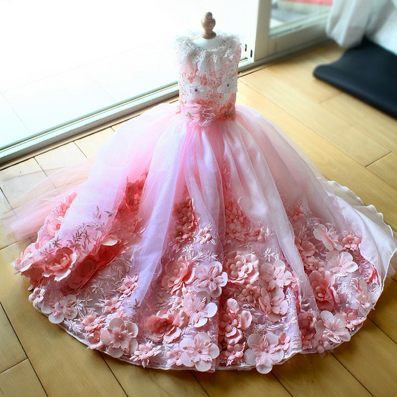 Blush Sakura Princess Dog Dress – Luxury Pink Floral Wedding Gown with Long Train