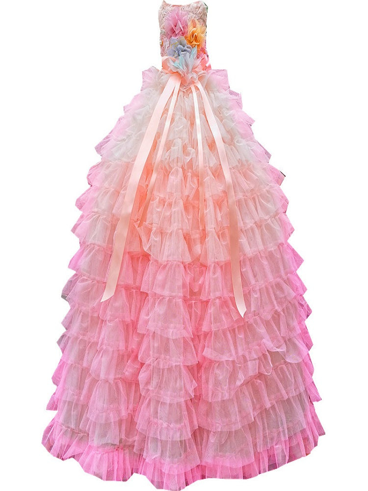 Blush Pink Layered Princess Dog Dress – Luxury Ruffle Puppy Gown with Ombre Tulle Train