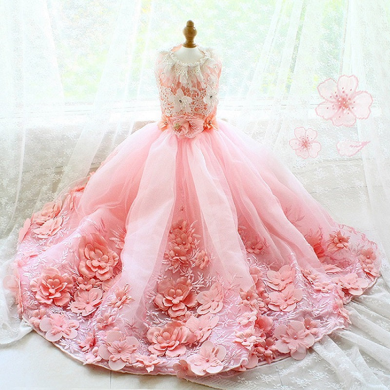 Blush Sakura Princess Dog Dress – Luxury Pink Floral Wedding Gown with Long Train