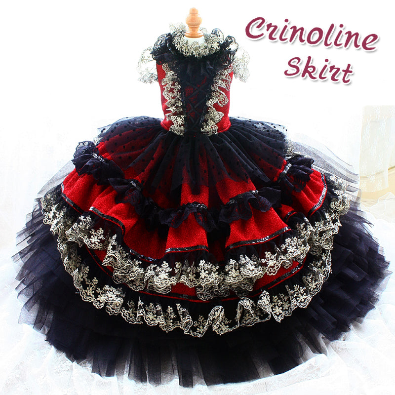 Red Gothic Princess Dog Dress – Luxury Victorian Puppy Ball Gown with Black Lace Crinoline Skirt