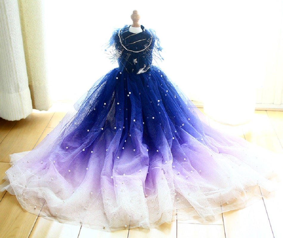 Handmade Midnight Galaxy Princess Dog Dress – Navy Blue Ombre Star Wedding Gown with Pearl Train