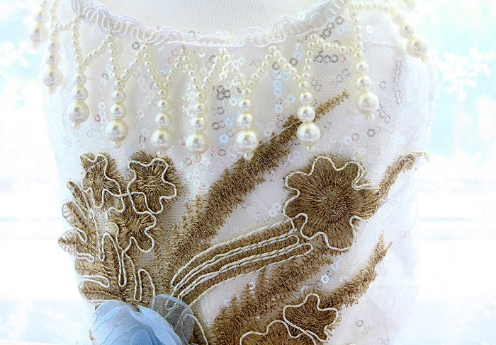 Aurora Pearl Princess Luxury Dog Dress – Gold Blue Gradient Sequin Ball Gown for Weddings & Couture Photo Shoots