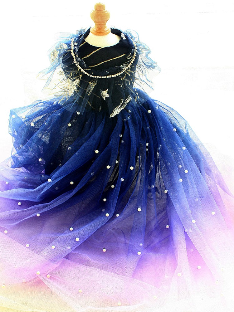 Handmade Midnight Galaxy Princess Dog Dress – Navy Blue Ombre Star Wedding Gown with Pearl Train