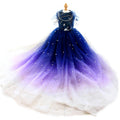 Handmade Midnight Galaxy Princess Dog Dress – Navy Blue Ombre Star Wedding Gown with Pearl Train