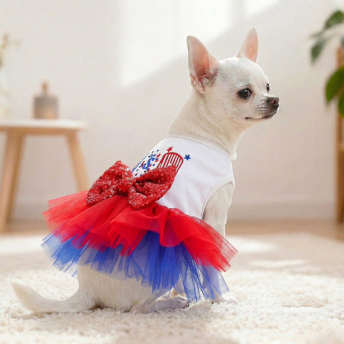 USA Patriotic Dog Dress – Red White Blue Sequin Bow Tutu Dress for Small Dogs